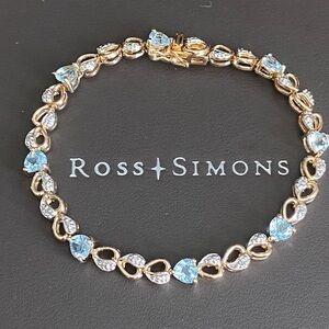 Ross Simons 18K Gold Over Sterling Silver Blue Topaz & Diamond Heart Bracelet